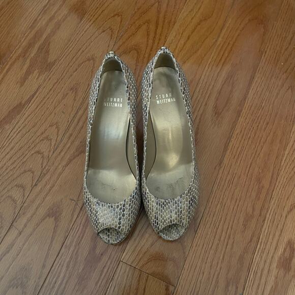 Stuart Weitzman Platform Peep Toe Pumps Womens 7 Tan Snakeskin Heels Casual Chic - Picture 1 of 10
